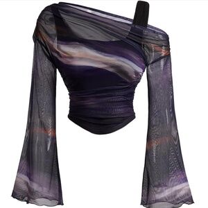 Sheer One-Shoulder Mesh Top – Ruched Crop Top with Bell Sleeves